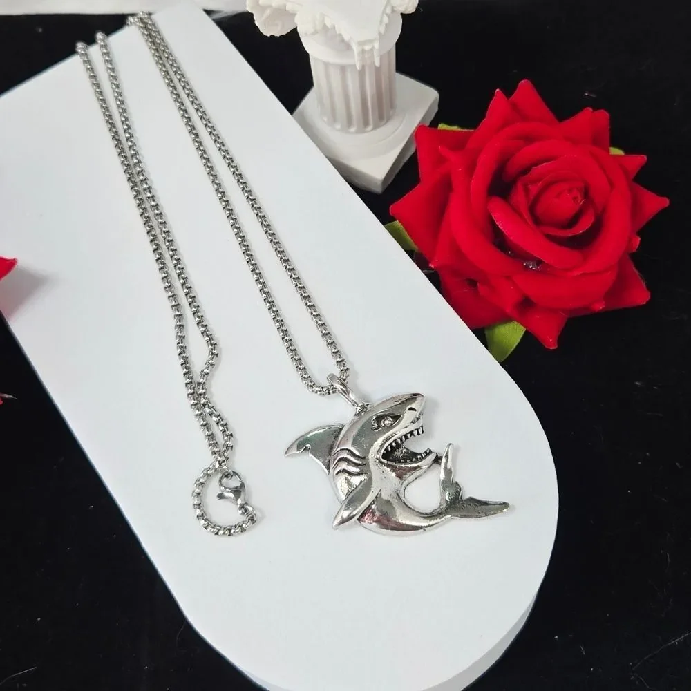 Silver Shark Pendant Necklace Stainless Steel Ocean Statement Box Chain Surfer